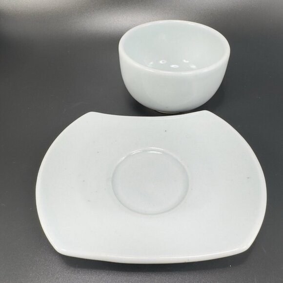 Vintage Hand Made Oriental Teacup And Saucer Set Light Green Blue Tint Pottery - Picture 9 of 10